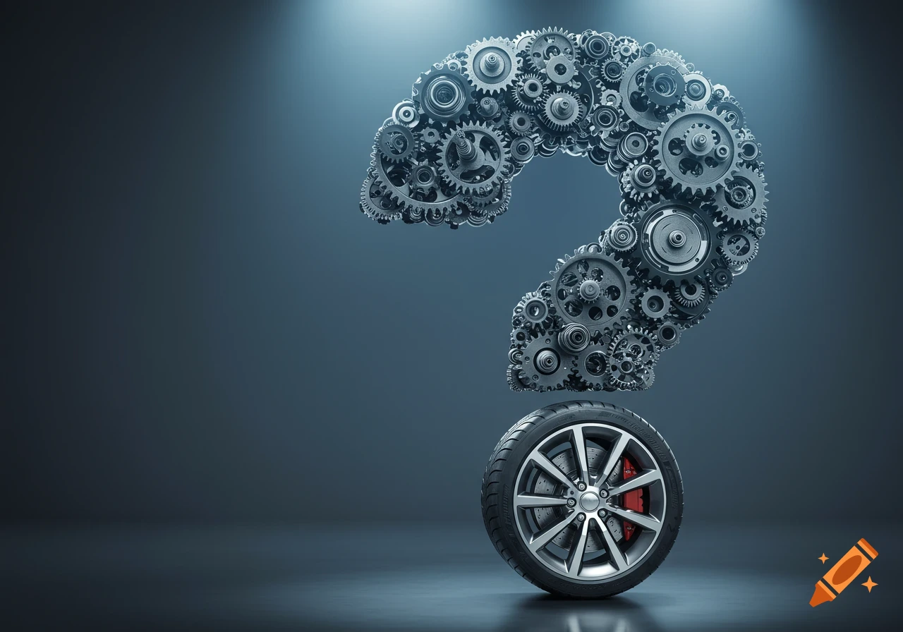 A question mark symbol formed by many gears, with a car wheel as its base, in a dark studio setting.