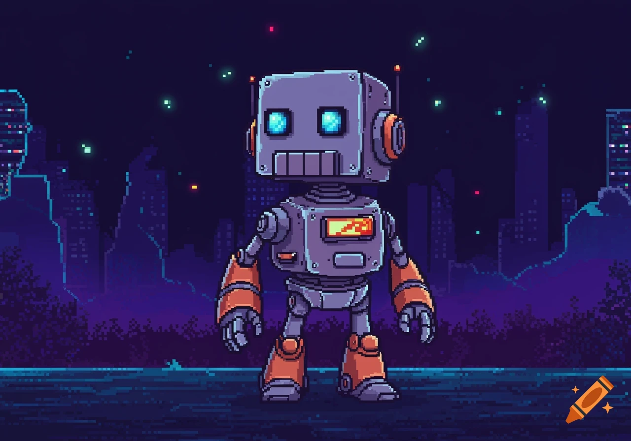 A pixel art robot with glowing blue eyes stands in front of a dark, pixelated city skyline at night.