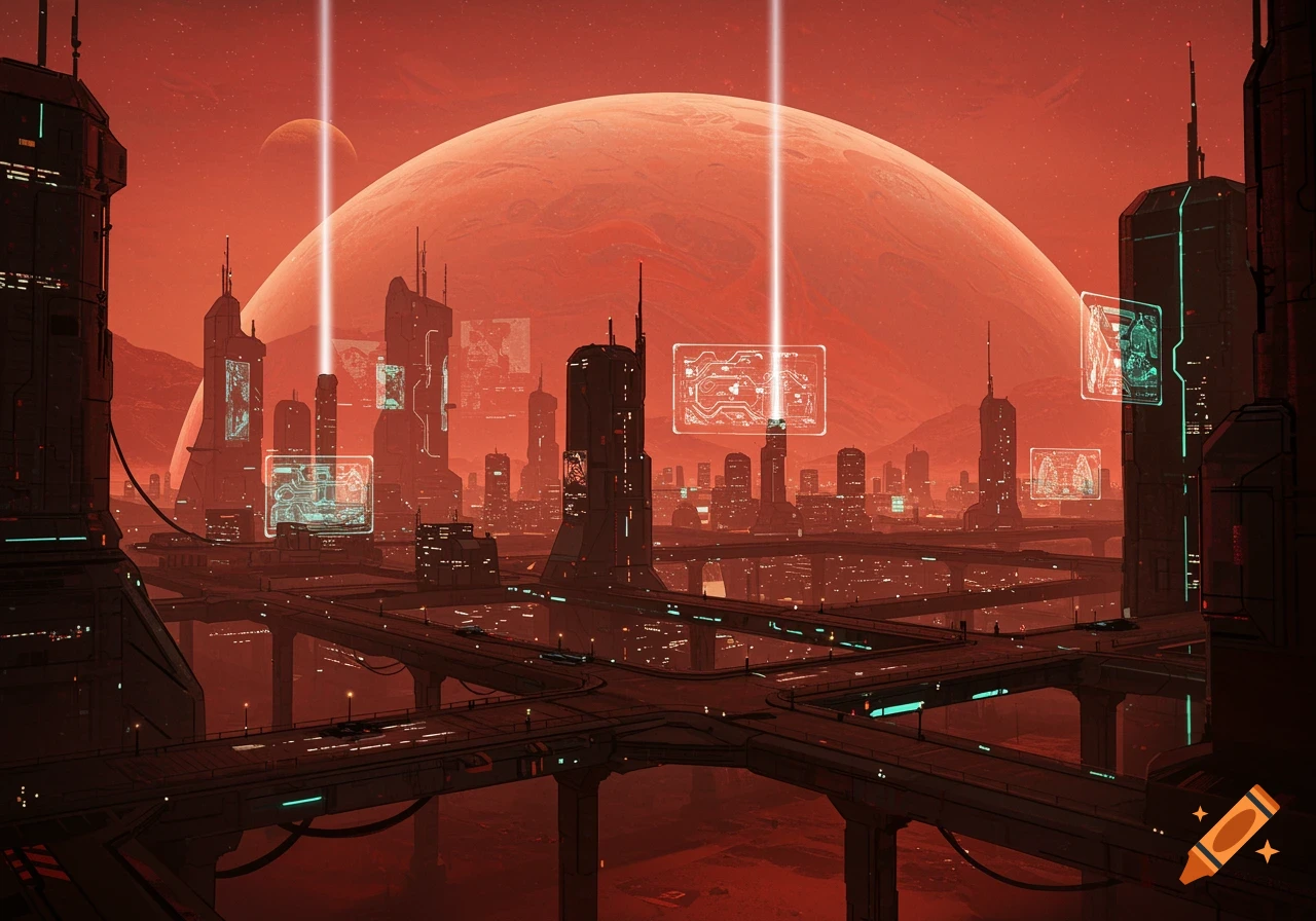 A futuristic red cityscape with tall buildings, elevated roadways, and glowing holographic displays under a vast orange planet and a moon.