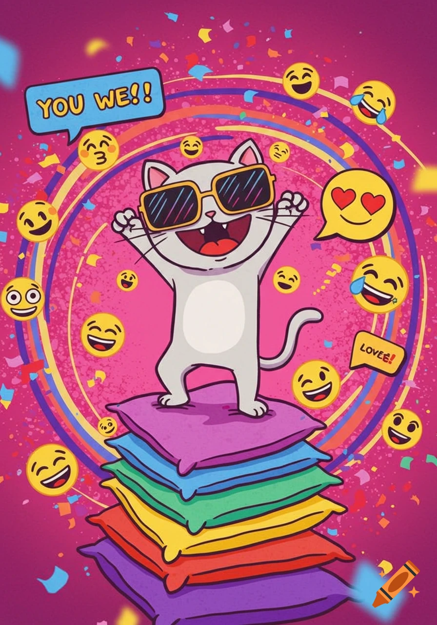 A cheerful cartoon cat with sunglasses stands on colorful pillows, surrounded by emojis and confetti, against a vibrant pink background.