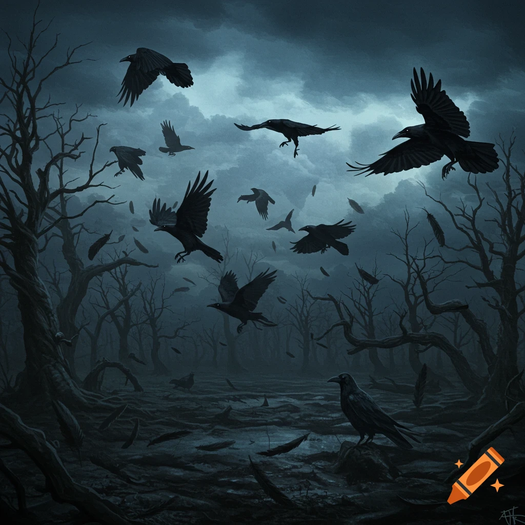 A murder of black crows flies through a dark, eerie, bare forest under a stormy sky, with feathers falling.