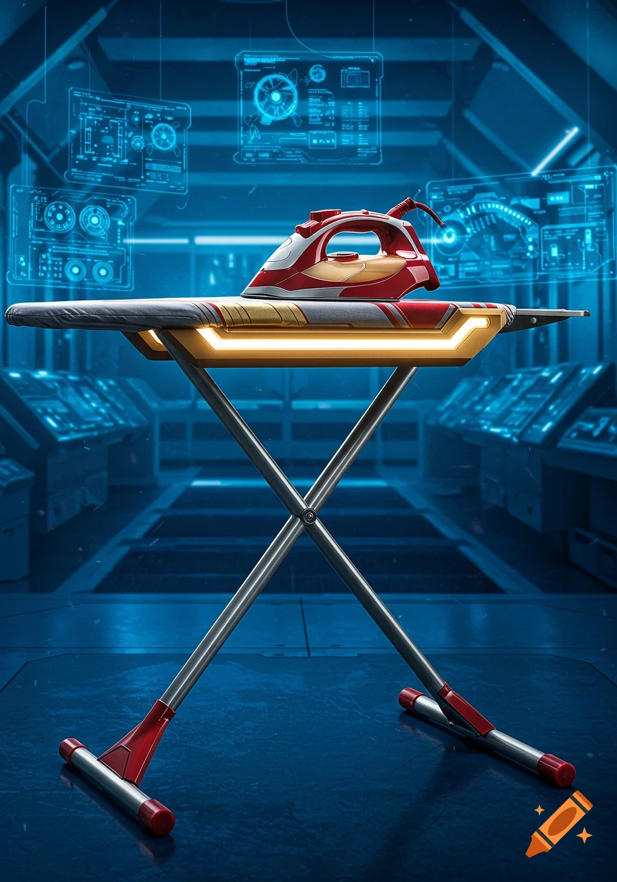 A photorealistic Iron Man-themed ironing board and iron glow in a futuristic lab with glowing blue screens.