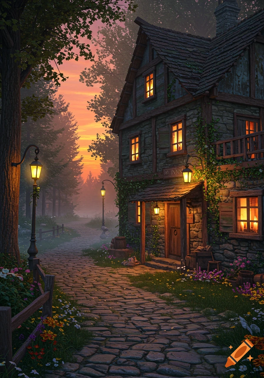 A whimsical stone inn with glowing windows and lanterns along a cobblestone path at sunset, surrounded by trees and flowers.