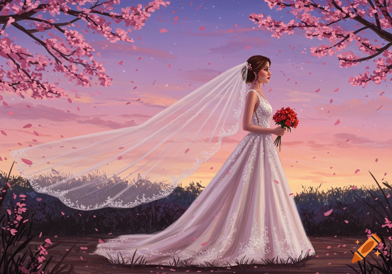 A digital painting of a bride in a white wedding dress and veil, holding a red bouquet, walking under cherry blossom trees at sunset.