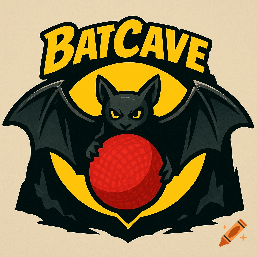 A stylized black bat logo with outstretched wings holding a red kickball on a yellow circle, with 'BATCAVE' text above.