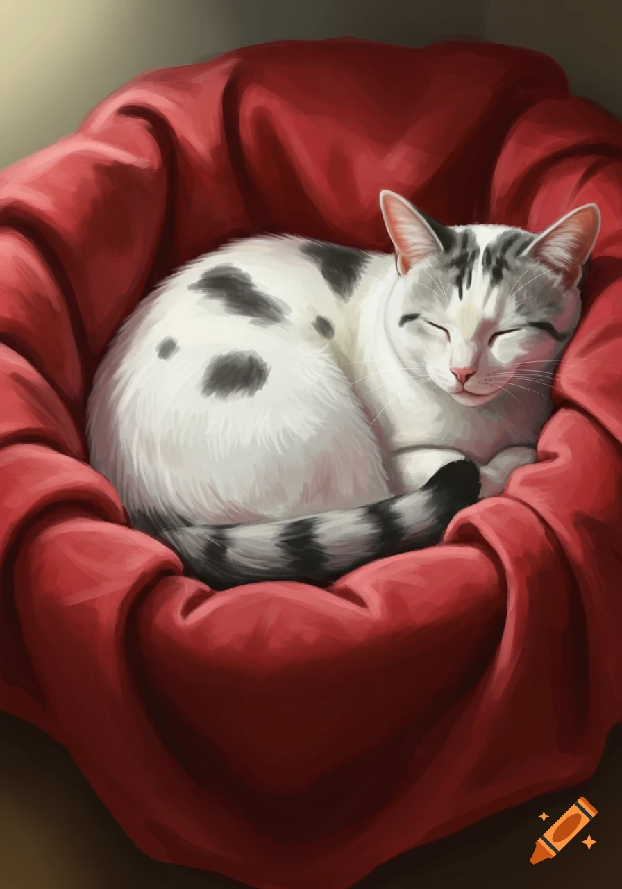 A white cat with dark grey spots and a striped tail is curled up and sleeping soundly in a bright red, soft blanket.