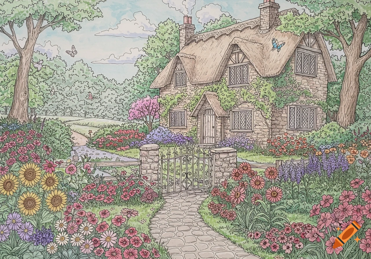 A whimsical coloring picture of a stone country cottage with a thatched roof, surrounded by a vibrant, blooming flower garden and a stone path.