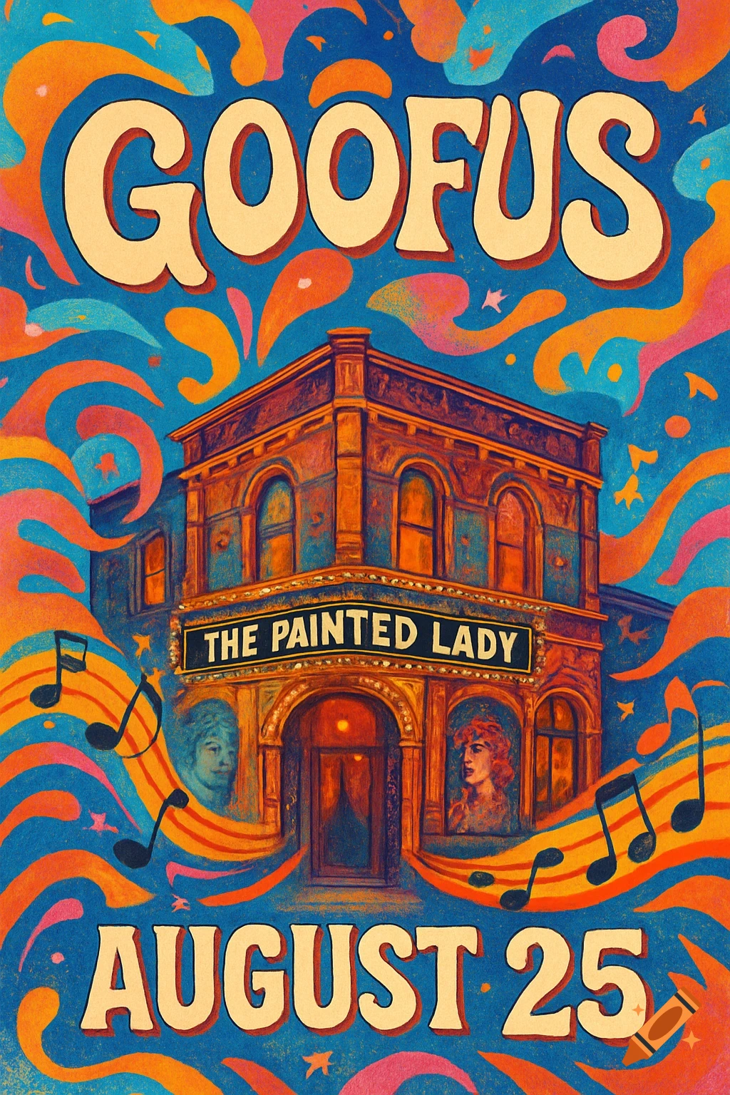 A vibrant psychedelic concert poster for 'Goofus' at 'The Painted Lady' on August 25, featuring a building and musical notes.