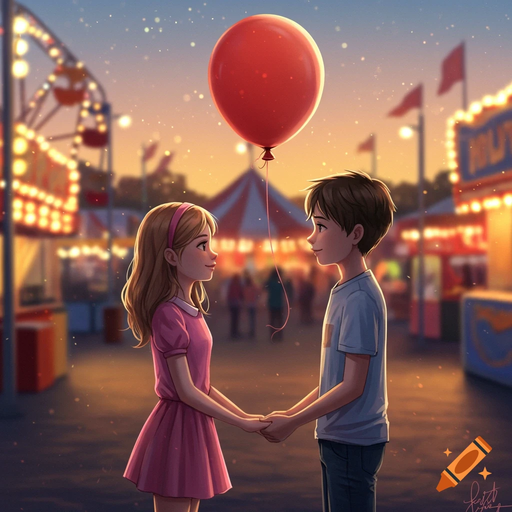An anime boy and girl holding hands under a large red balloon at a twilight carnival.