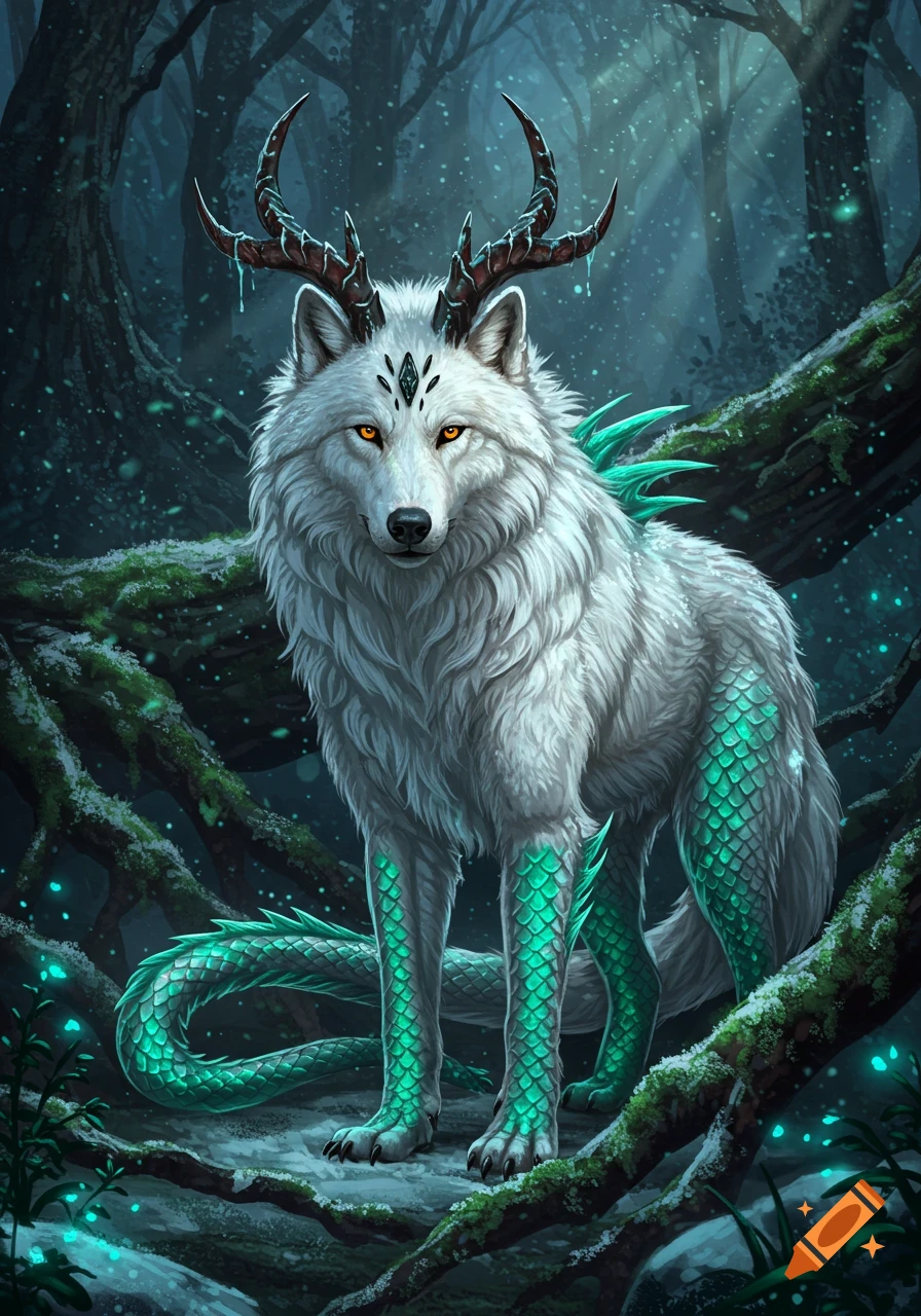 A majestic white wolf creature with antlers, teal dragon scales, and glowing eyes stands in a dark, magical forest.