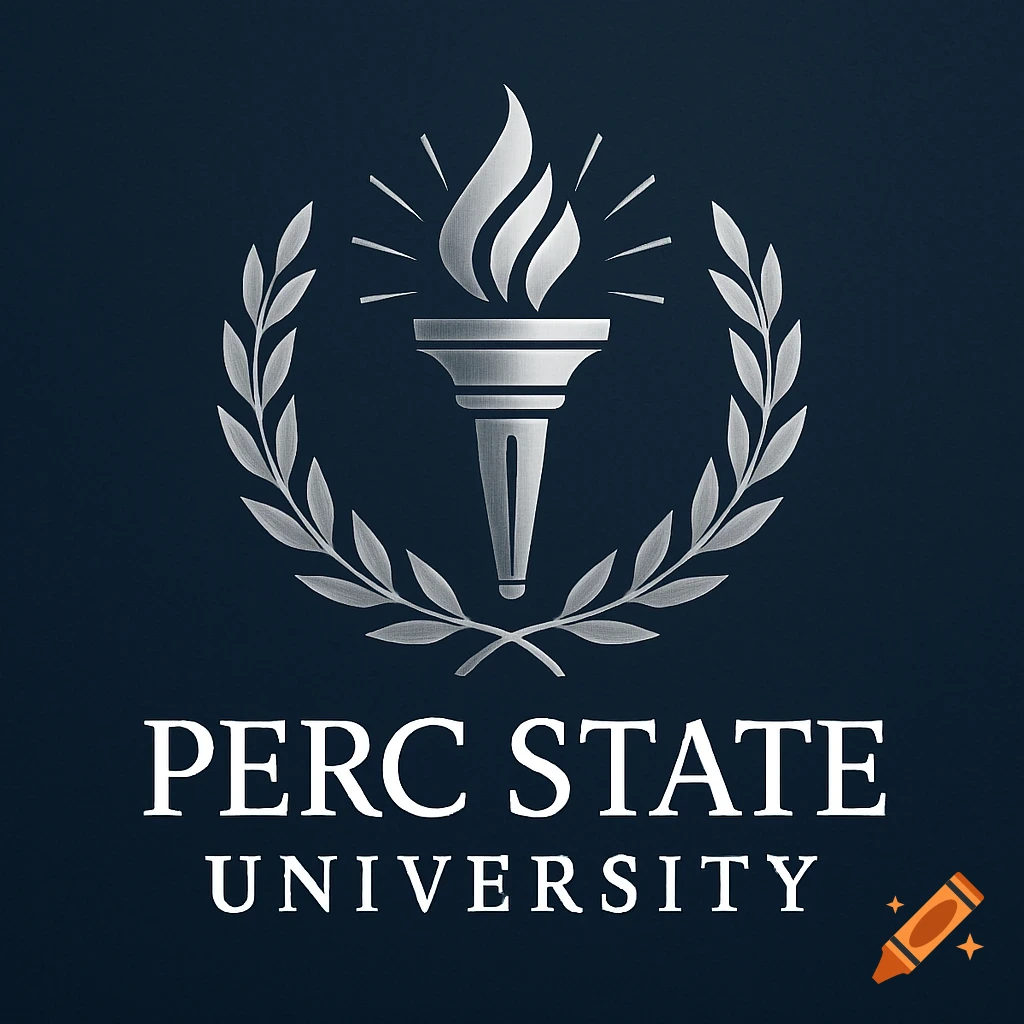 A metallic silver logo for Perc State University featuring a torch and laurel wreath on a dark blue background.