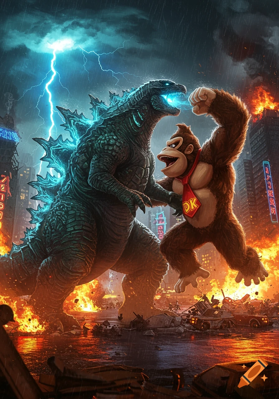 Godzilla and Donkey Kong battle dramatically in a burning, rain-soaked city under a lightning storm.