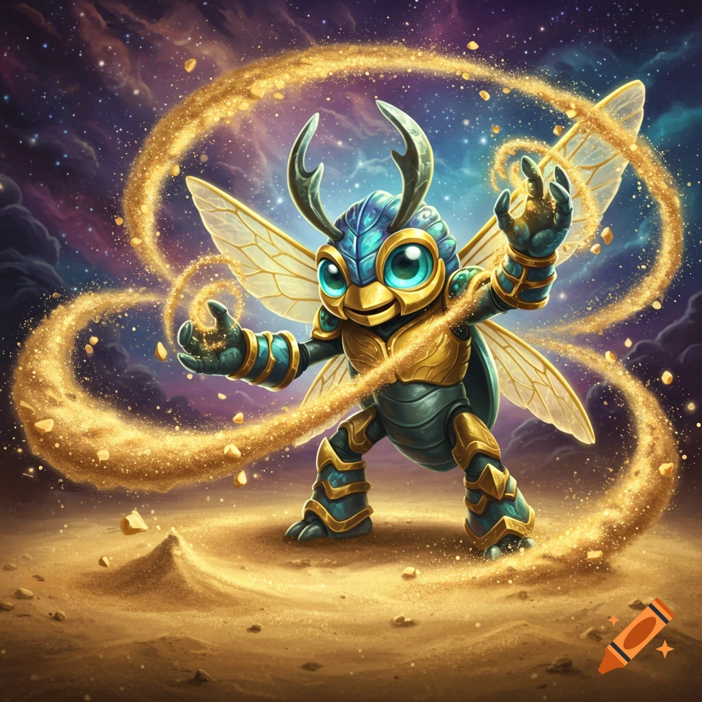 A teal and gold armored beetle-like creature with wings stands on sandy ground, conjuring golden dust under a cosmic sky. Stylized video game art.