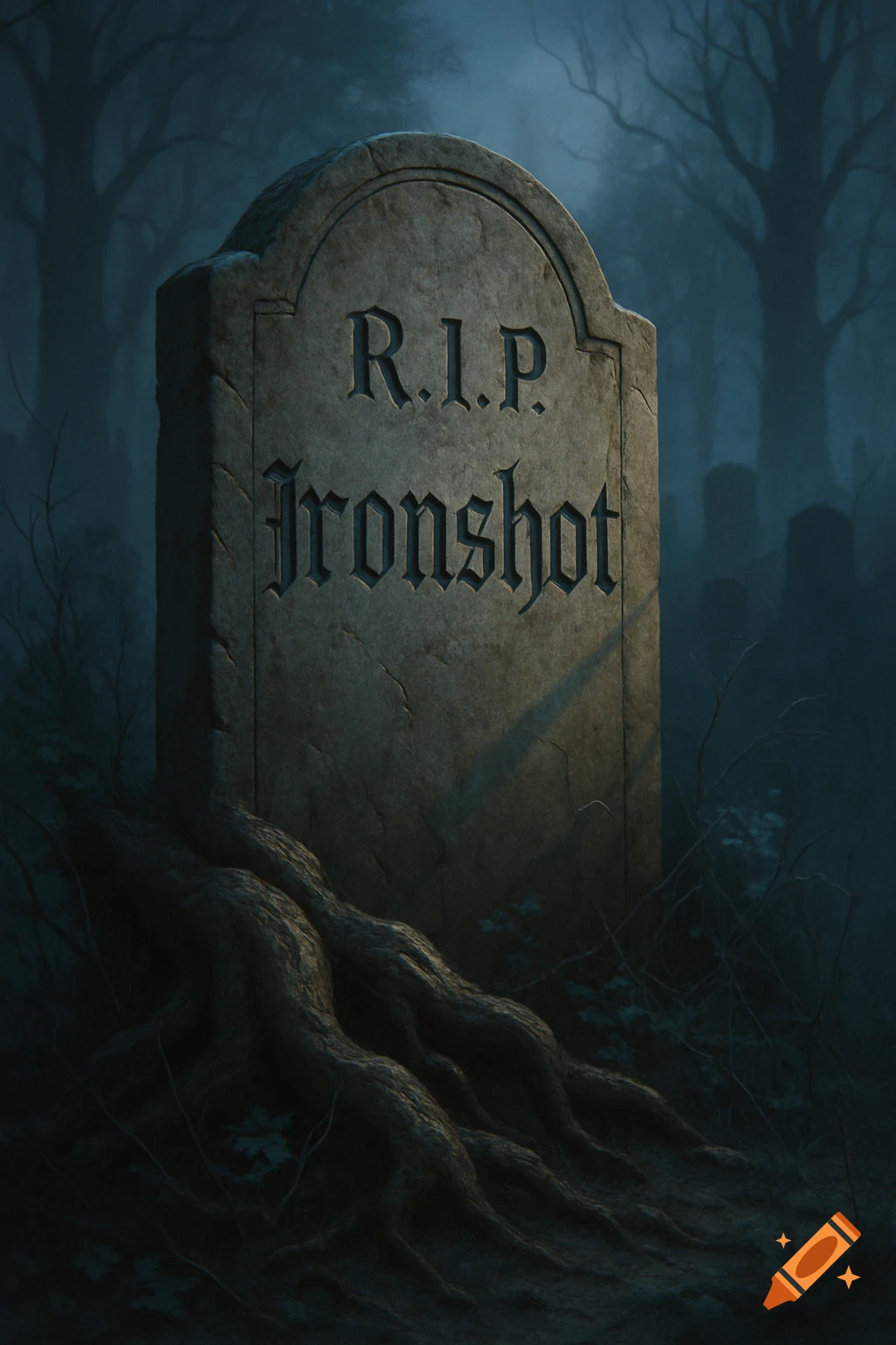 A close-up of a tombstone with 'R.I.P. Ironshot' engraved on it, surrounded by gnarled tree roots in a dark, misty graveyard.