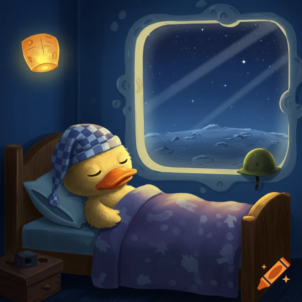 A cartoon duckling sleeps peacefully in a bed under a purple blanket and wearing a blue checkered sleeping cap, with a window view of the moon's surface and starry night sky.