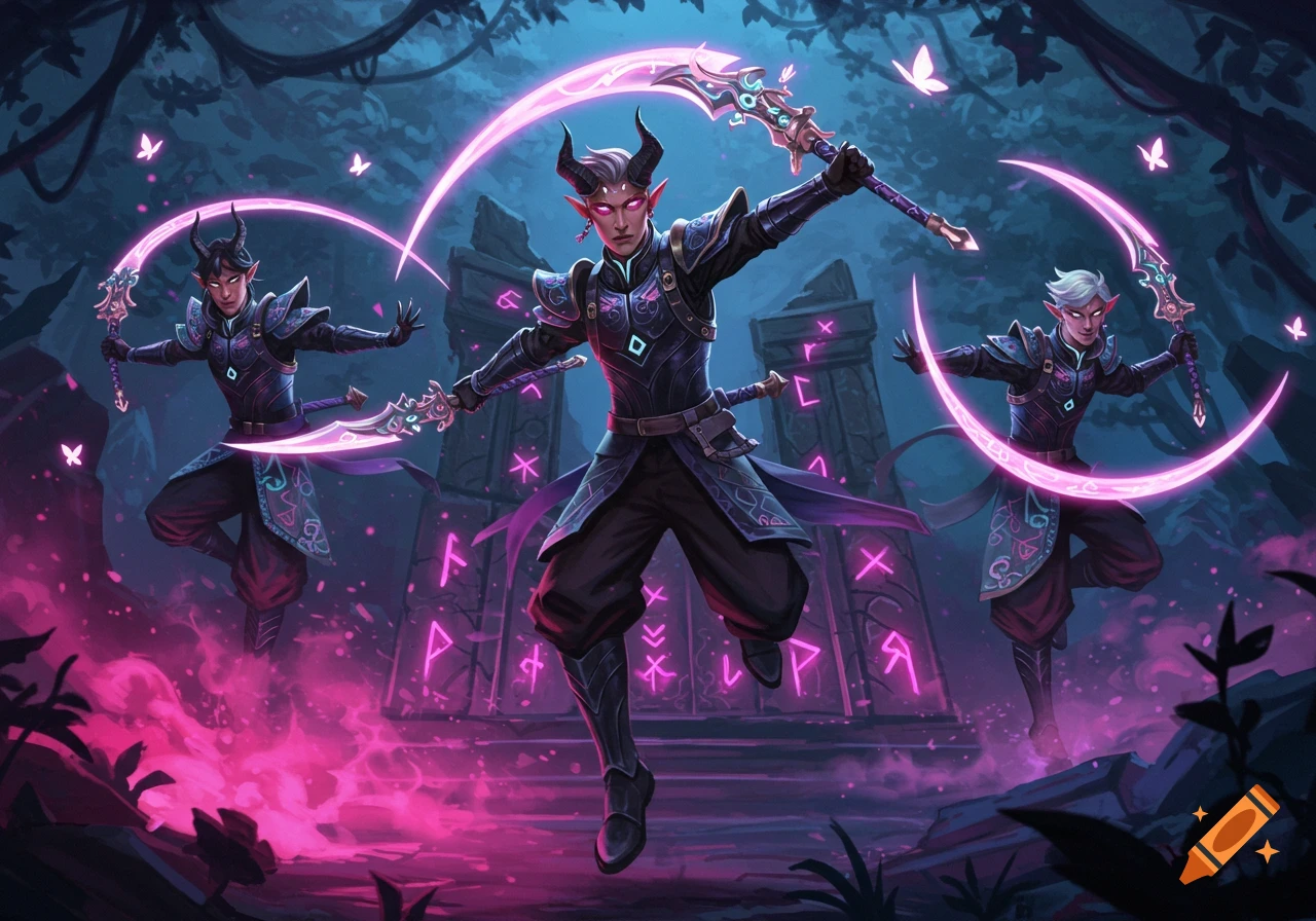 Three horned, white-haired demon hunter characters in dark armor with glowing pink scythes and energy, surrounded by pink runes and butterflies in a dark, mystical forest.