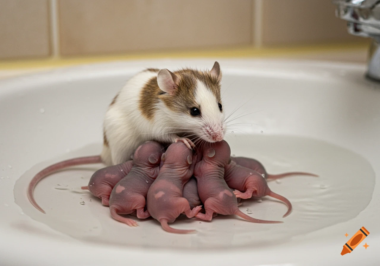 A white and brown mother mouse with several pink, hairless newborn mice huddled together in a white sink.