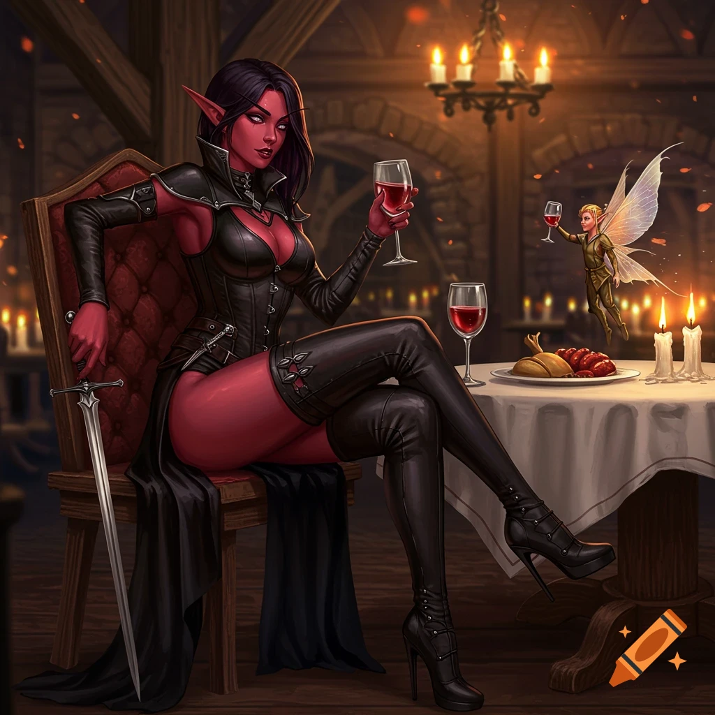 A red-skinned female elf in black leather sits holding wine at a candlelit table, with a tiny fairy floating nearby.