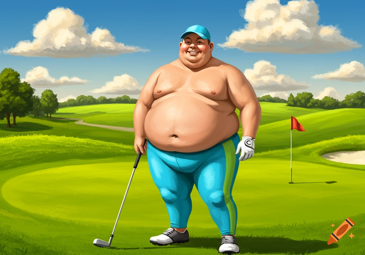 A smiling, shirtless obese man in blue yoga pants holds a golf club on a bright green golf course under a blue sky.