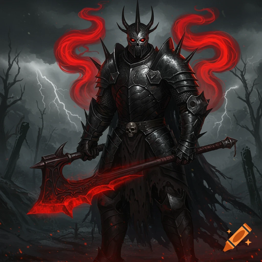 A dark fantasy knight in spiky black armor and horned helmet with glowing red eyes, wielding a glowing red axe in a stormy, barren forest.
