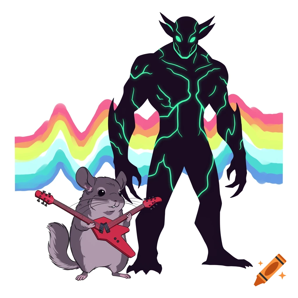 A cartoon chinchilla plays a red electric guitar next to a large black, glowing green monster against a rainbow background.