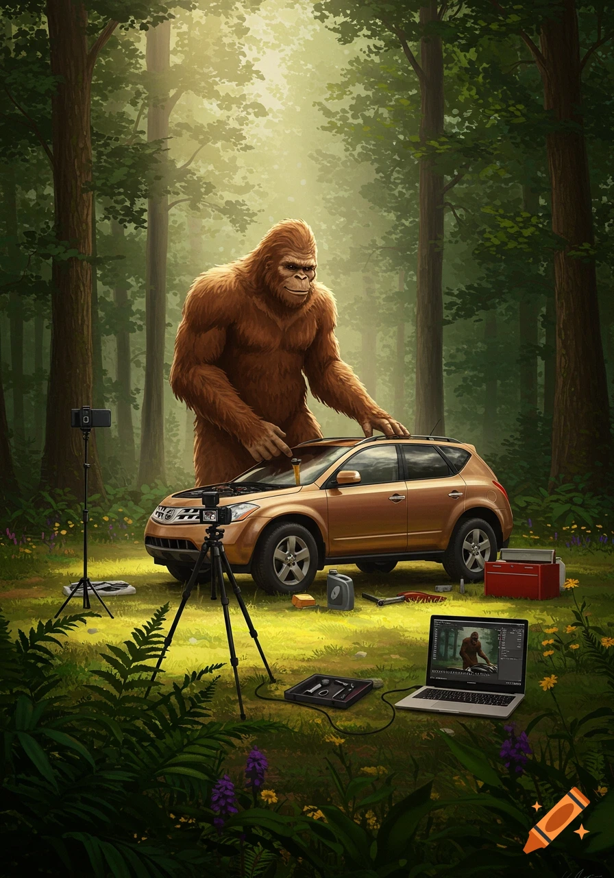 Bigfoot records a YouTube tutorial on changing car oil in a sunny forest, surrounded by recording equipment and tools.