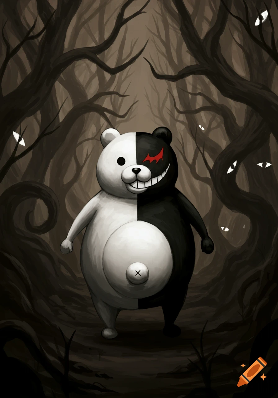 A stylized Monokuma, a black and white bear with a grinning face and red evil eye, stands with a large protruding belly in a dark, twisted forest filled with glowing eyes.