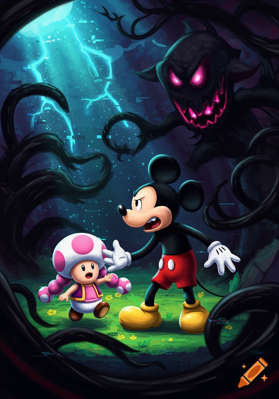 Mickey Mouse and Toadette face a shadowy monster with glitch effects in a dark, stylized forest.