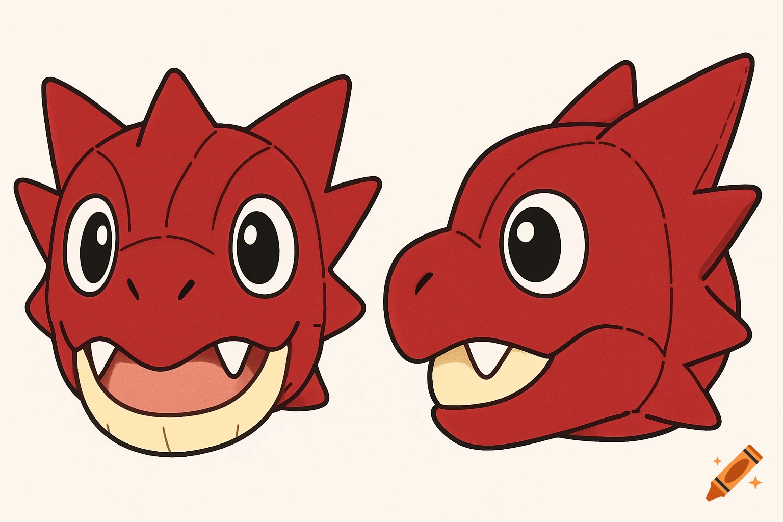 Front and side view of a stylized red Druddigon plush head with stitching seams on a white background.