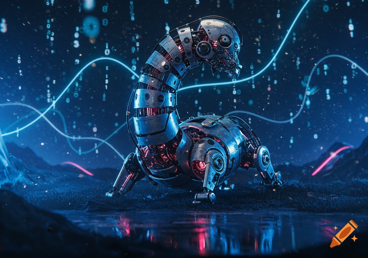A futuristic robotic creature with metallic segmented body and glowing red parts in a dark, digital landscape with floating blue binary code.
