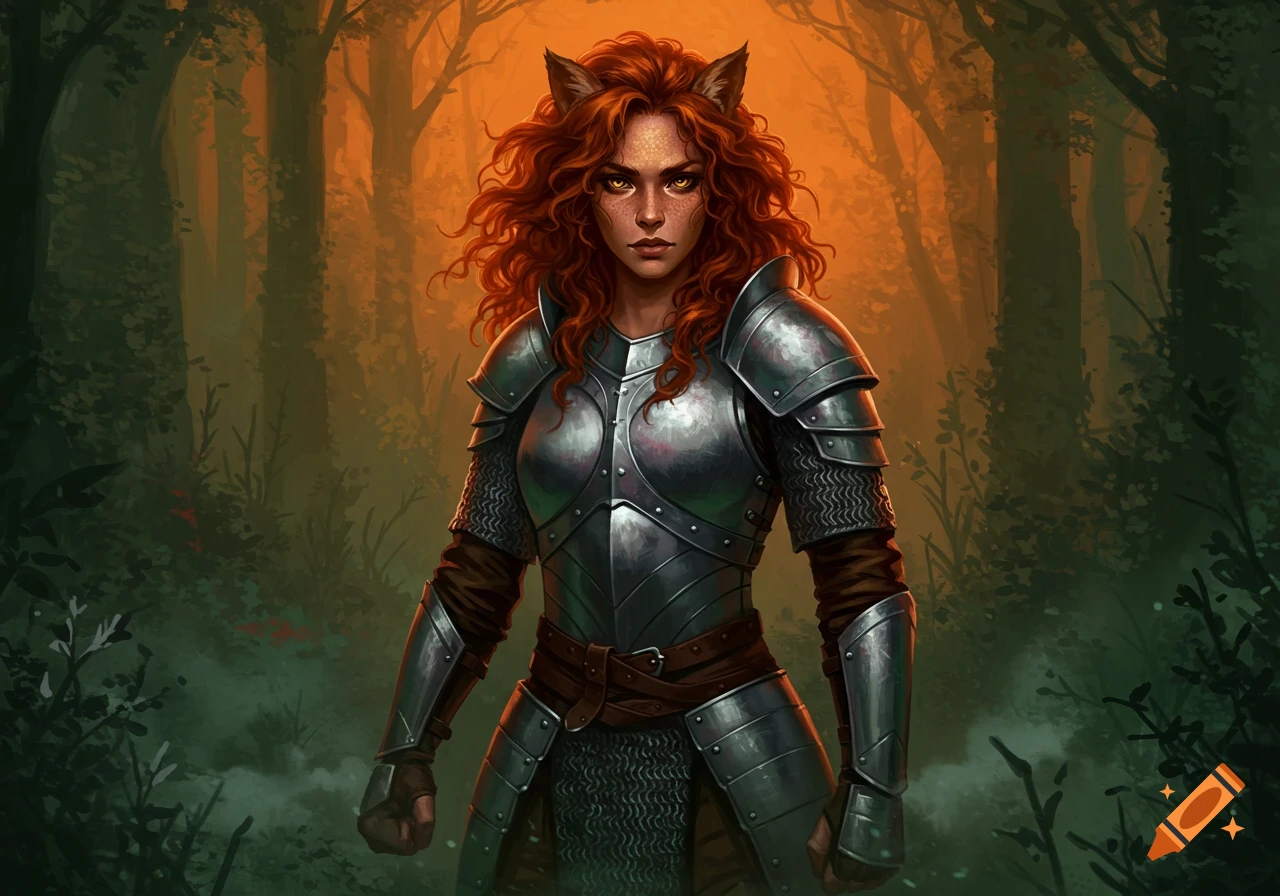 A red-haired female warrior with cat ears in plate armor stands in a dark, mystical forest with orange light.