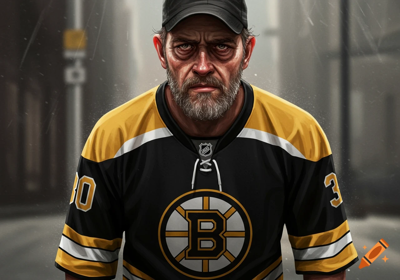 A serious man with a beard and baseball cap wears a Boston Bruins hockey jersey, standing outdoors in the rain.