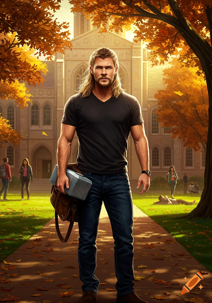 A man resembling Thor, with long blonde hair and a beard, in a black v-neck shirt and jeans, stands on a college campus in autumn, holding Mjolnir.