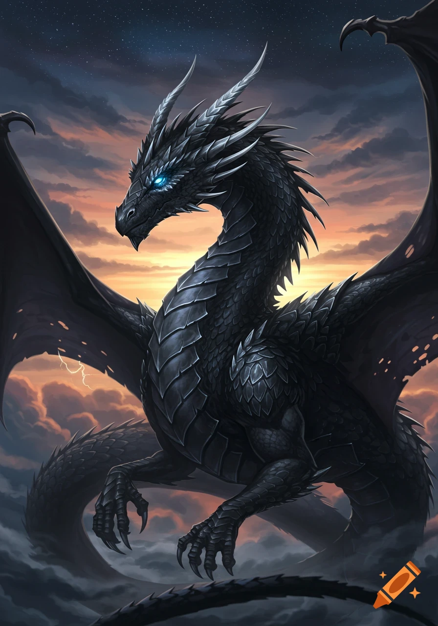 A majestic black and silver scaled dragon with glowing blue eyes, sharp horns, and large wings, set against a dramatic twilight sky with orange and purple clouds.