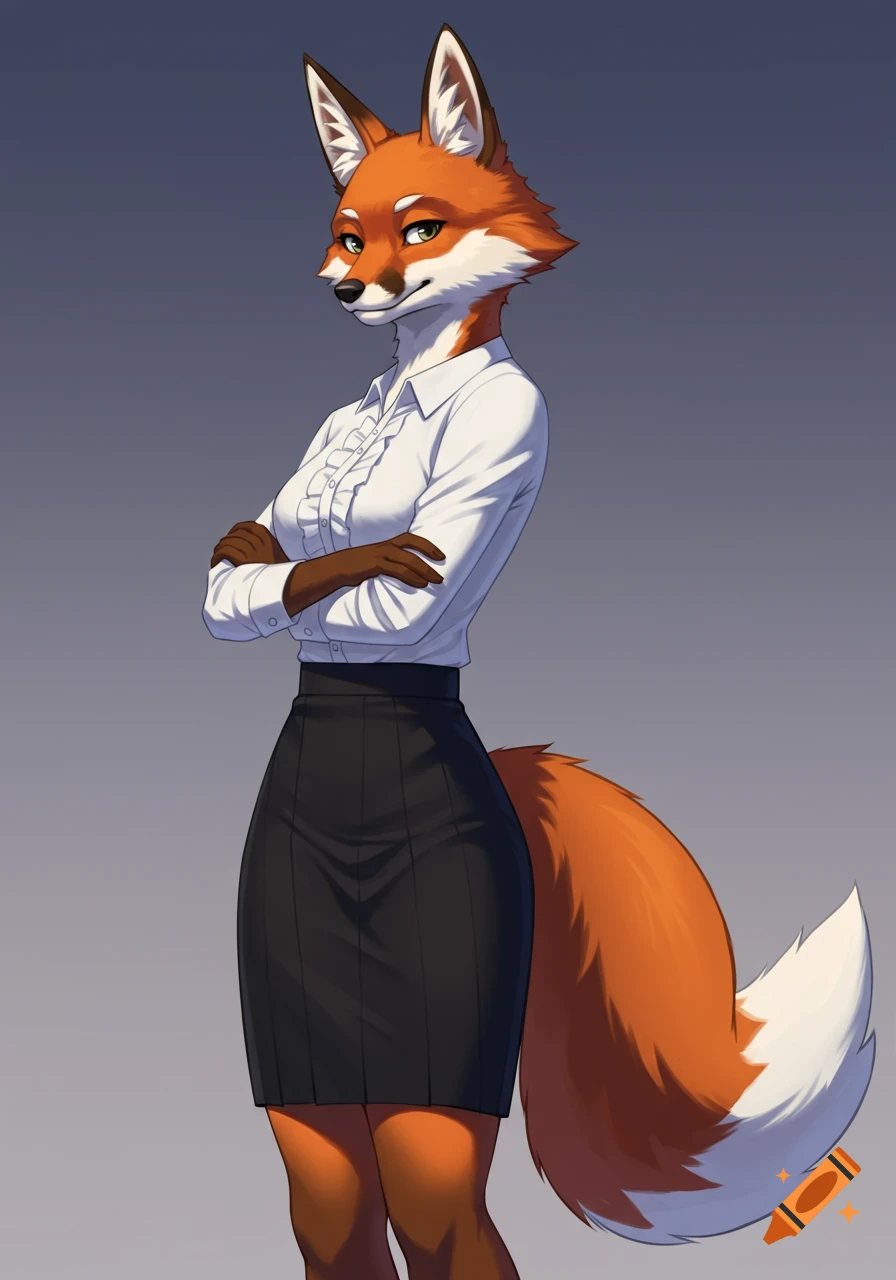 A cel-shaded anime illustration of an anthropomorphic female fox in a white blouse and black skirt, standing with crossed arms.
