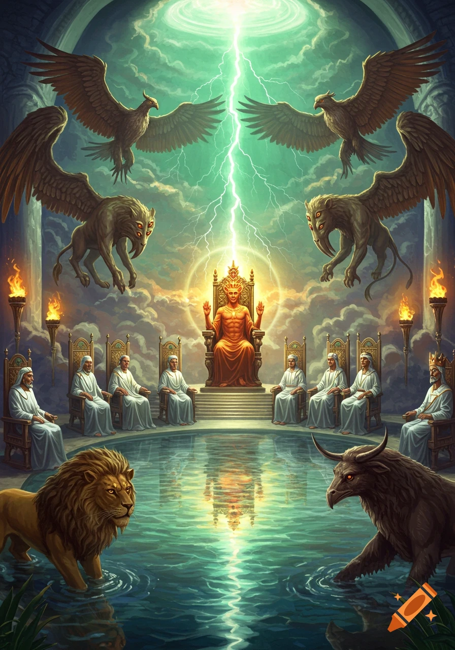 A grand religious fantasy scene with a central figure on a golden throne under lightning, surrounded by robed elders, mythical creatures, and a reflective pool.