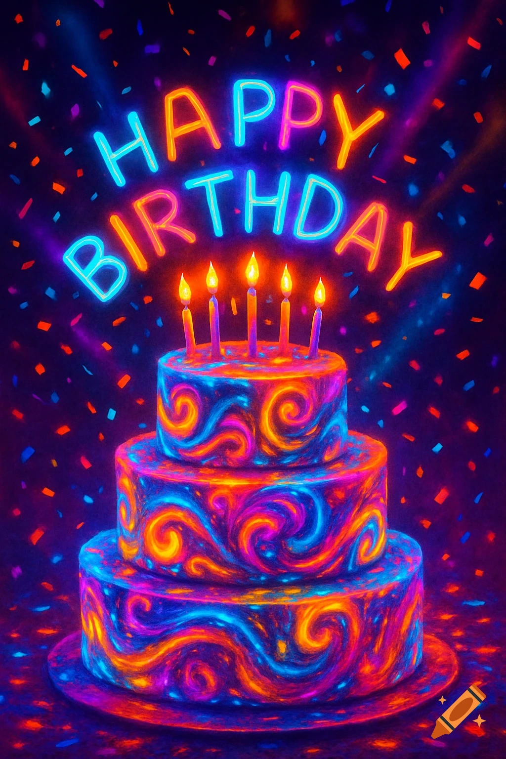 A vibrant, neon-colored three-tiered birthday cake with candles under 'HAPPY BIRTHDAY' text and confetti.