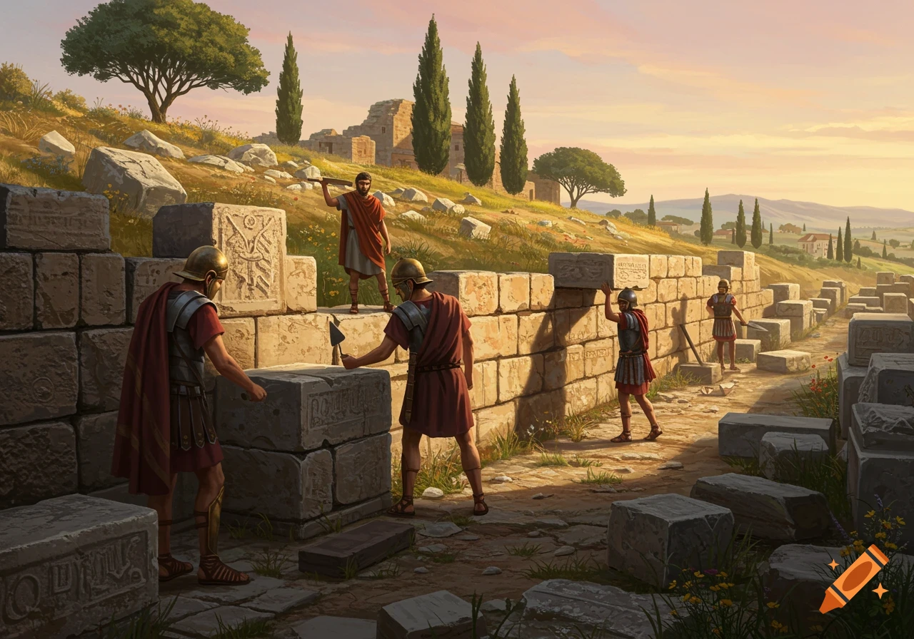 Roman soldiers and workers building a stone wall in an ancient landscape at sunset.