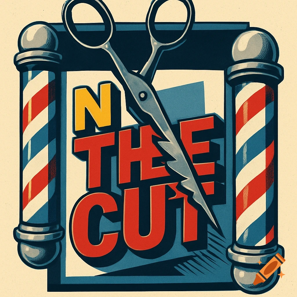 Retro barbershop sign with red and blue striped poles framing a central illustration of scissors cutting into the words 'N THE CUT'.