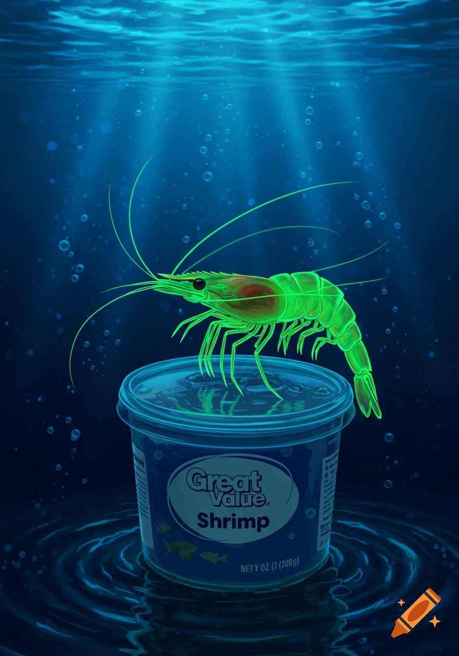 A glowing green shrimp stands atop a blue 'Great Value Shrimp' container underwater, with light rays piercing the dark blue water.