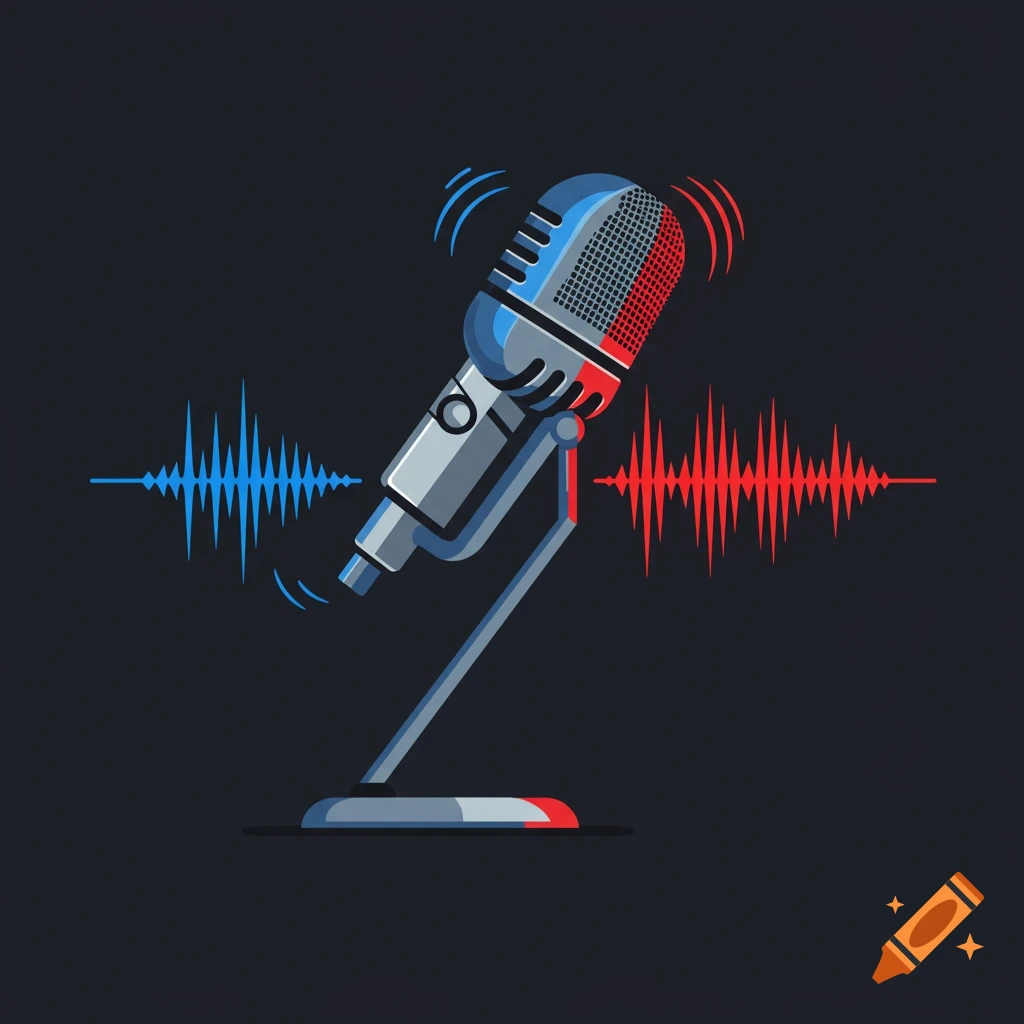 An artistic illustration of a retro-style microphone with blue and red sound waves emanating from it on a dark background.