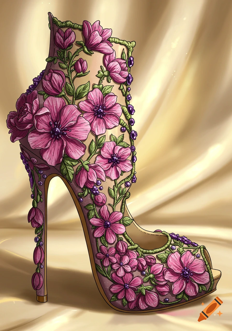 A decorative high-heeled shoe covered in pink flowers and green vines, set against a shimmering gold fabric background.