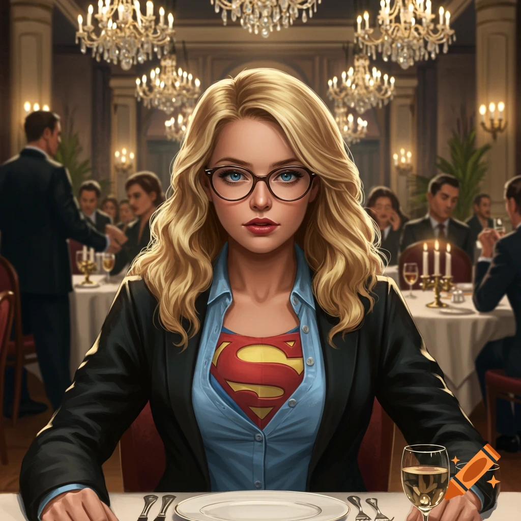 A blonde woman in glasses wearing a black blazer over a blue shirt revealing a Superwoman symbol sits at a table in a fancy restaurant.