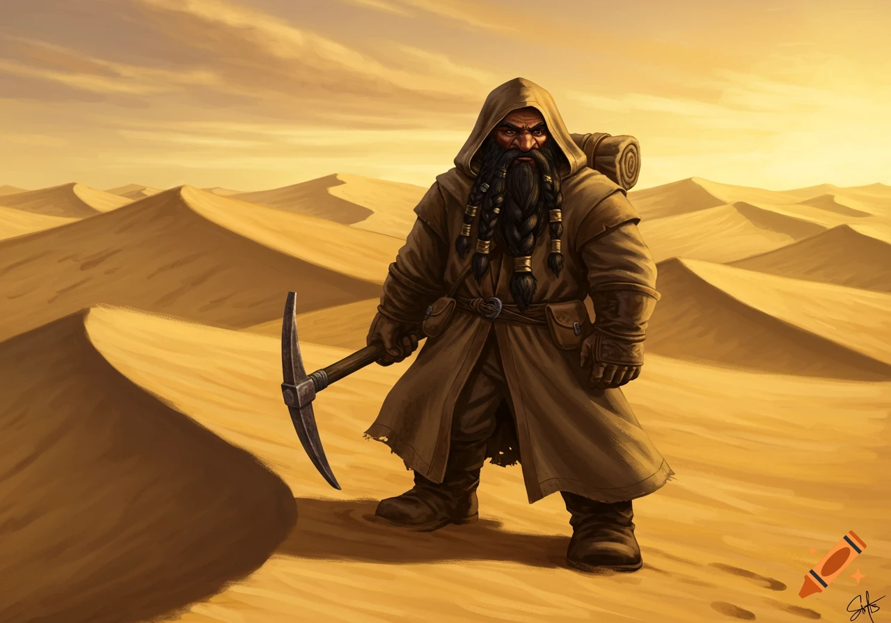 An illustration of a dwarf with a black braided beard, wearing a sandy brown hooded robe, holding a pickaxe in a desert with sand dunes.
