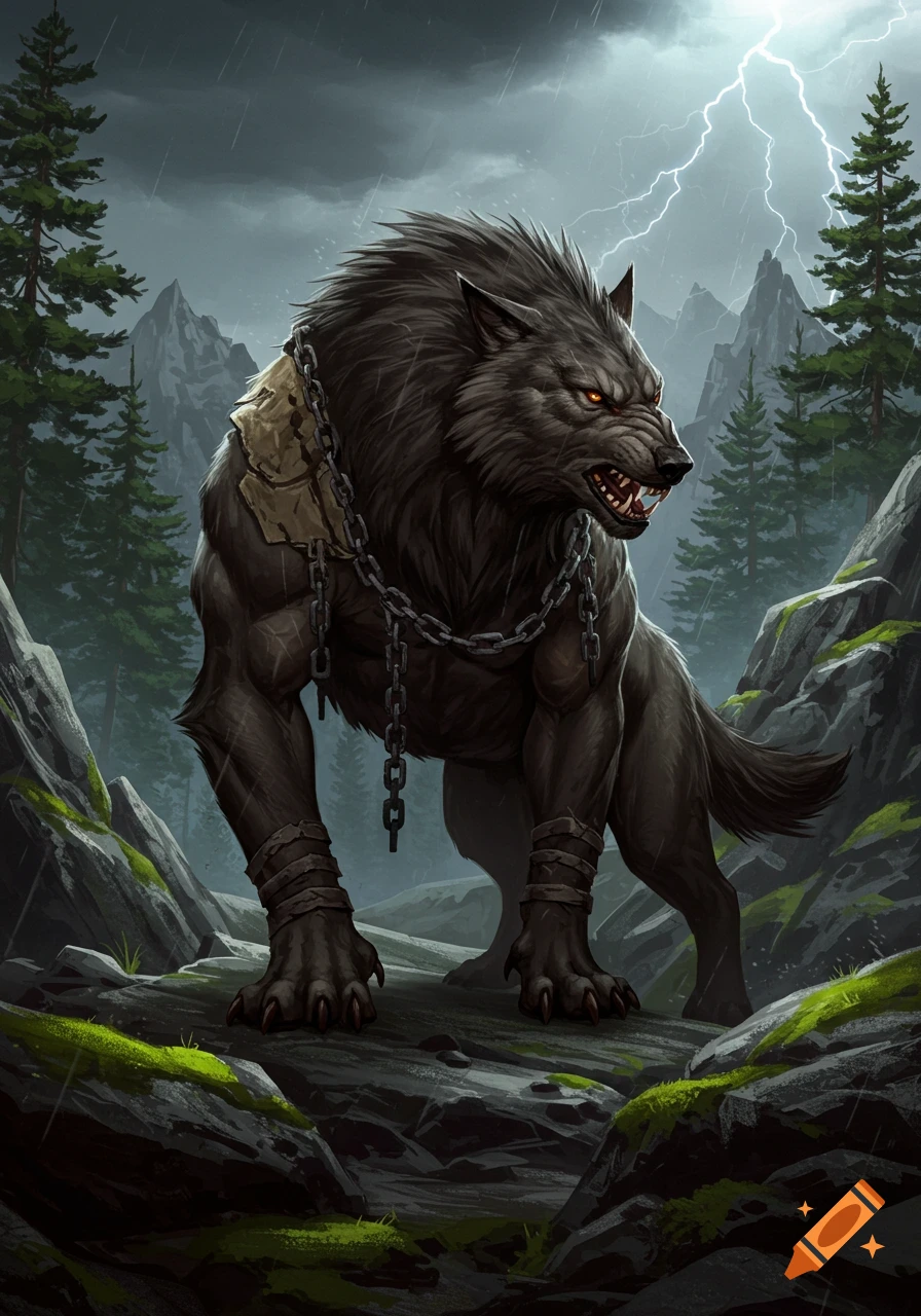 A fierce, chained dire wolf with glowing orange eyes snarls on a rocky path in a dark, stormy forest under lightning, digital painting.