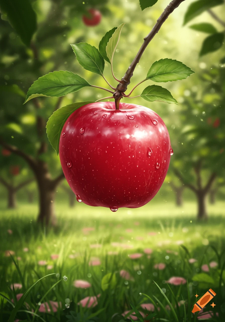 A vibrant red apple with water droplets hangs from a branch in a lush, green orchard. Photorealistic.
