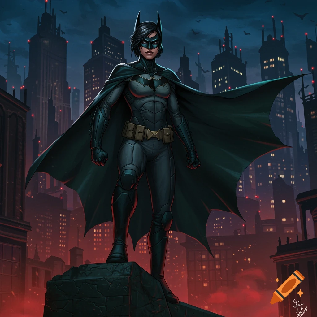 An illustration of a female superhero in a dark costume and cape, standing on a rooftop overlooking a city at night.
