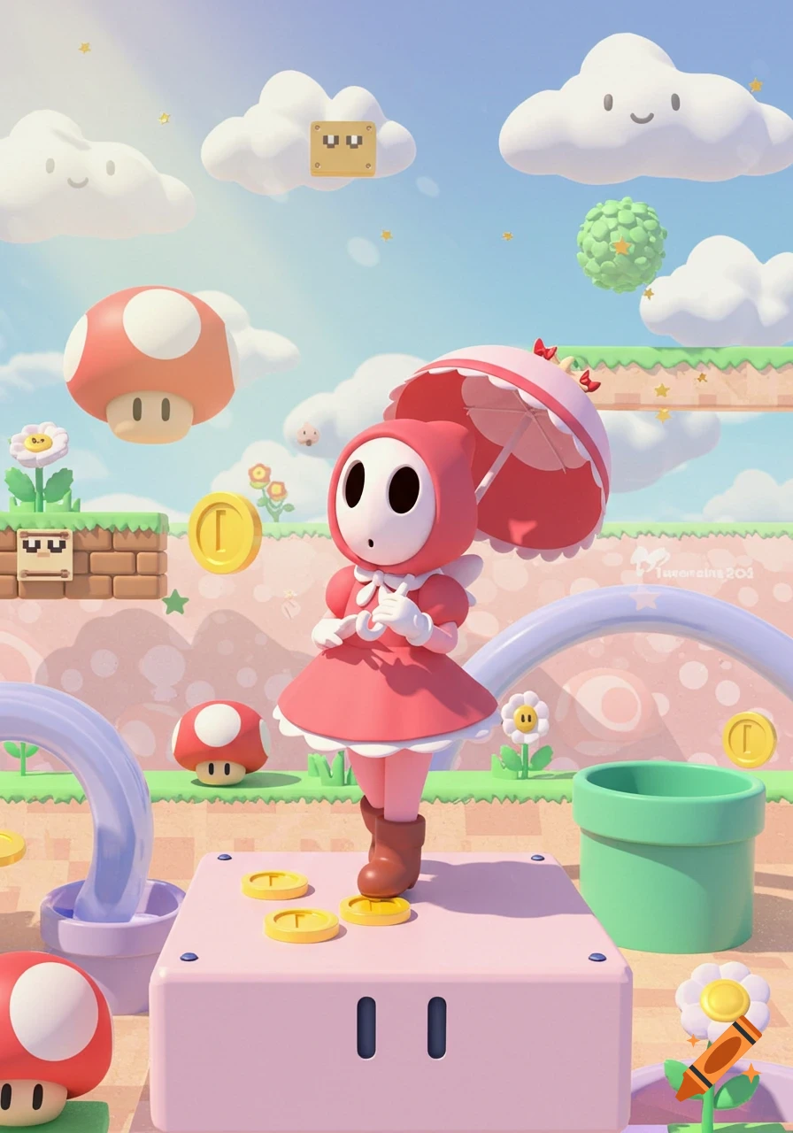 A cute Shy Gal in a pink dress with an umbrella stands in a whimsical 3D Super Mario landscape with coins, mushrooms, and pipes.