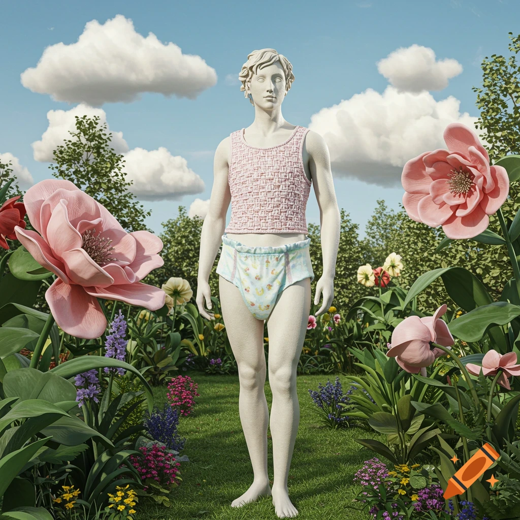 A white statue of a person wearing a pink knitted top and a patterned nappy stands in a lush garden with large pink flowers under a cloudy sky.
