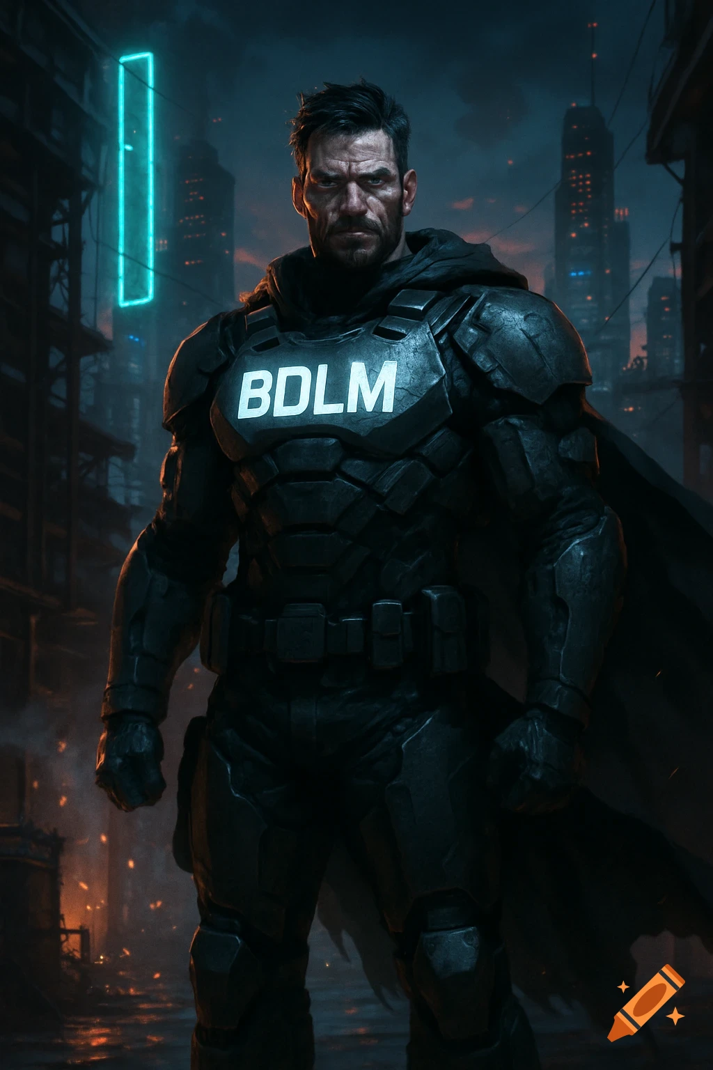 A rugged man in dark futuristic armor with "BDLM" on his chest stands in a gritty, neon-lit cyberpunk city at night.